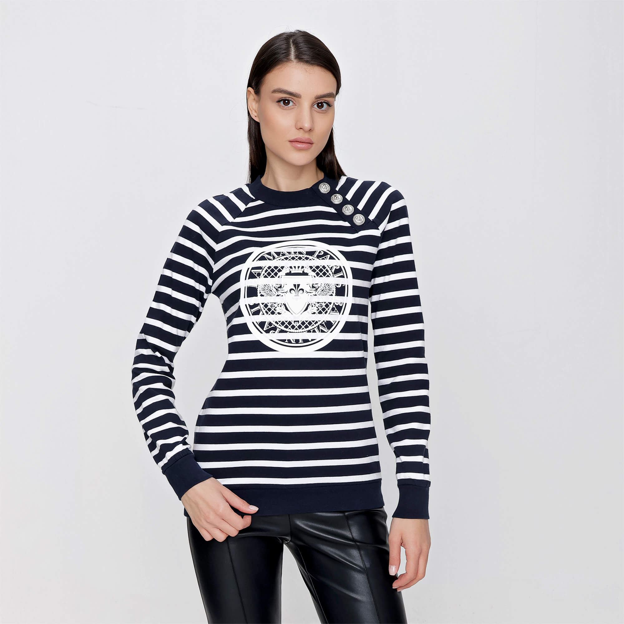 Balmain - Navy Cotton Logo Print Striped Sweatshirt With Silver Buttons